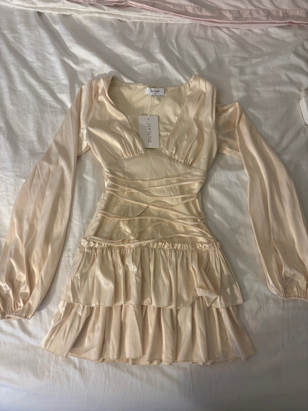 Outcast Cream Satin Ruffle Mini Dress